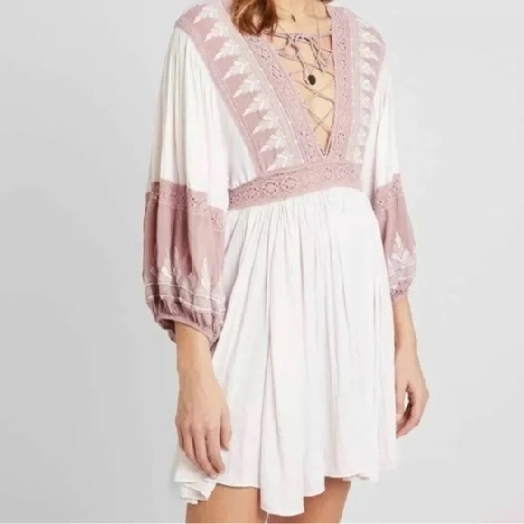 Free People Turn Heads Mauve Lace Boho Mini Dress - Picture 14 of 15